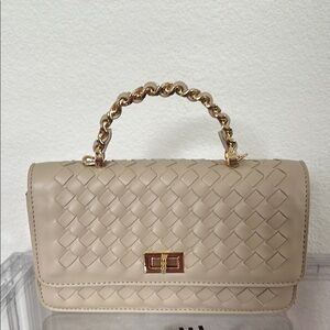 NWT Cream and Gold Woven Clutch with Chain Handle